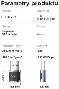Adapter USB USB-A - USB-C Czarny 3