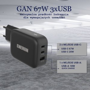 Szybka Ładowarka Sieciowa ENERON GaN 67W SuperFast 2xUSB-C 1xUSB-A PD type-C MOCNA 7