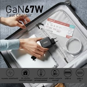 Szybka Ładowarka Sieciowa ENERON GaN 67W SuperFast 2xUSB-C 1xUSB-A PD type-C MOCNA 9