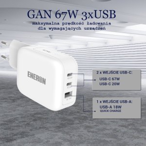 Szybka Ładowarka Sieciowa Eneron GaN 67W SuperFast 2xUSB-C 1xUSB-A PD type-C MOCNA 10