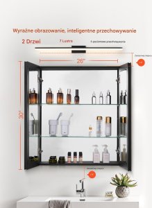 Szafka łazienkowa z lustrem 66x76 cm aluminiowa 2 półki regulowane wisząca 3