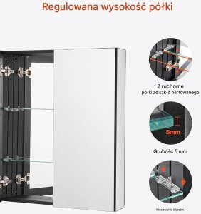 Szafka łazienkowa z lustrem 66x76 cm aluminiowa 2 półki regulowane wisząca 4