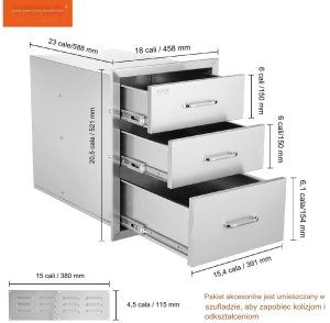 Szuflady BBQ 3x stal nierdzewna 45x58x58 cm z uchwytem chromowanym 2