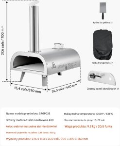 Piec do pizzy 30,5 cm pelletowy, stalowy, termometr  ogrodowy przenośny 2