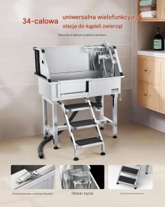 Wanna groomerska dla psa stalowa z prysznicem i schodkami antypoślizgowymi 3