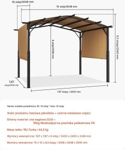 Pergola ogrodowa 3.05x3.05 m metalowa z markizą rozkładana taras ogród 2