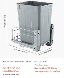 Kosz wysuwany do szafki  szuflada soft-close, metalowy system, do kuchni 2