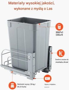 Kosz wysuwany do szafki  szuflada soft-close, metalowy system, do kuchni 5