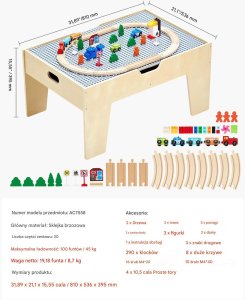 Stolik edukacyjny dla dzieci z klockami i torami drewnianymi, 3+ 3