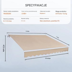 Markiza tarasowa ręczna 2,44x2,13m wodoodporna z korbą na balkon/ogród 2