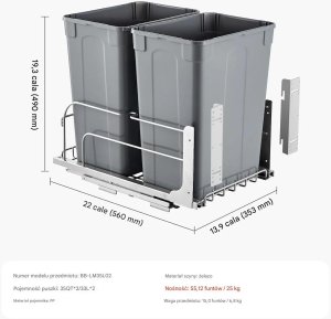 Kosz wysuwany do szafki 2x35QT soft close, metalowe prowadnice, pod blat 2