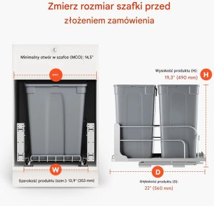 Kosz wysuwany do szafki 2x35QT soft close, metalowe prowadnice, pod blat 3