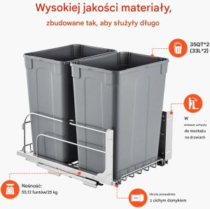 Kosz wysuwany do szafki 2x35QT soft close, metalowe prowadnice, pod blat 7