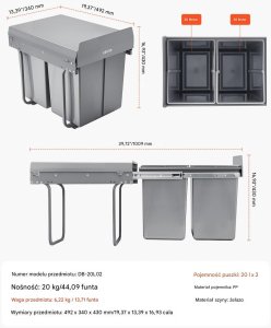 Kosz wysuwany do szafki 2x20L pełen wysuw, metalowe prowadnice, pod zlew 2