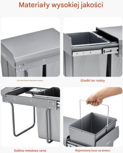 Kosz wysuwany do szafki 2x20L pełen wysuw, metalowe prowadnice, pod zlew 4