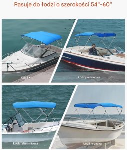 Daszek bimini niebieski do łodzi 3 pałąki 600D wodoodporny osłona słońca 3