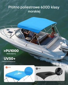 Daszek bimini niebieski do łodzi 3 pałąki 600D wodoodporny osłona słońca 5