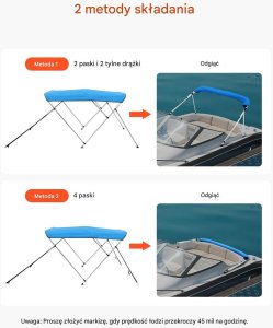 Daszek bimini niebieski do łodzi 3 pałąki 600D wodoodporny osłona słońca 7