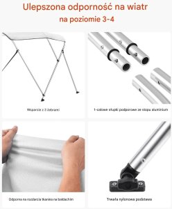 Daszek bimini do łodzi 3 pałąki 600D wodoodporny aluminiowy osłona słońca 2