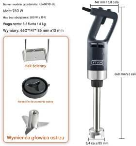 Blender ręczny 750W stal nierdzewna regulowany zupa smoothie puree 304mm 3