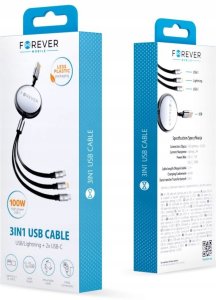 Forever kabel 3w1 USB - Lightning + 2x USB-C 1,2 m 100W czarny 10