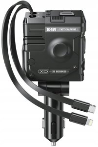 XO ładowarka samochodowa CC66 104W 1x USB 1x USB-C czarna z kablem USB-C i kablem Lightning 2