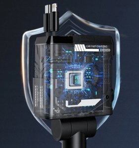 XO ładowarka samochodowa CC66 104W 1x USB 1x USB-C czarna z kablem USB-C i kablem Lightning 4