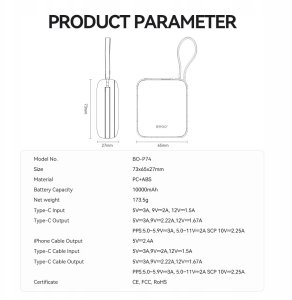 BWOO power bank P74 22.5W 10000 mAh z 2 wbudowanymi kablami 1 x USB-C 1 x Lightning srebrny 4