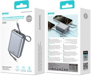 BWOO power bank P73 22.5W 20000 mAh z 2 wbudowanymi kablami 1 x USB-C 1 x Lightning srebrny 3
