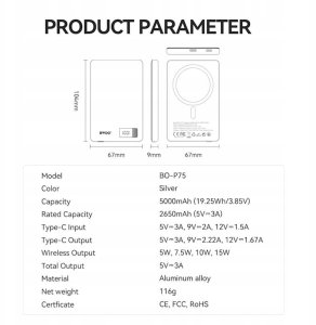 BWOO ultracienki power bank magnetyczny P75 PD 20W 5000 mAh w aluminiowej obudowie z wyświetlaczem i portem USB-C srebrny 11