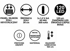 LAMPA SOLARNA WISZĄCA KULA 30CM 120 LED CIEPŁY BIAŁY 4