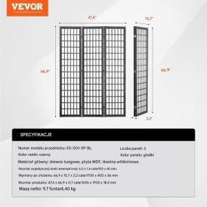 Vevor Japoński Parawan Pokojowy 3-panelowa przegroda dekoracyjna do domu i biura 2