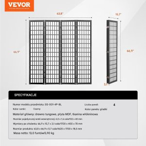 Vevor Japoński Parawan Pokojowy 4-panelowa przegroda dekoracyjna do domu i biura 2