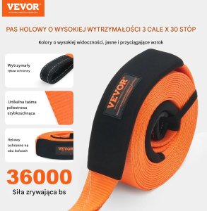 Vevor Taśma holownicza 9m wyciągarka 16T pętla shackle zestaw off-road terenówka 2