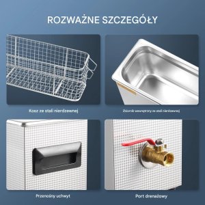Myjka ultradźwiękowa 10L 300W 40kHz z grzałką i koszem do broni 6