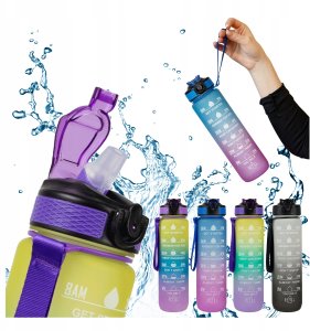 2x Butelka Sportowa Bidon na Wodę 1L Motywacyjny z Podziałką Rurka Fitness 3