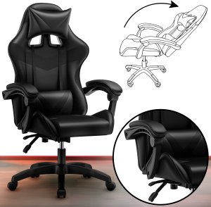Fotel gamingowy czarny z poduszką lędźwiową i zagłówkiem do biurka 11