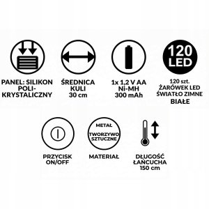 LAMPA SOLARNA WISZĄCA KULA 30CM 120 LED ZIMNY BIAŁY 4