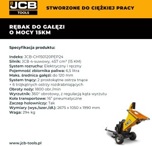 JCB Tools Rębak Spalinowy Do Ogrodu Gałęzi 15 KM Rozdrabniacz Drewna Ogrodowy Średnica Cięcia 120 MM 15