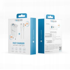 Forever ładowarka sieciowa PD QC TC-07-30AC 1x USB-C 1x USB 30W biała + kabel USB-C - USB-C 60W 14