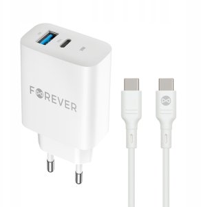Forever ładowarka sieciowa PD QC TC-07-30AC 1x USB-C 1x USB 30W biała + kabel USB-C - USB-C 60W 6