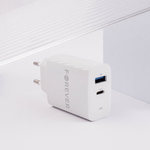 Forever ładowarka sieciowa PD QC TC-07-30AC 1x USB-C 1x USB 30W biała + kabel USB-C - USB-C 60W 9