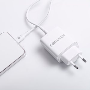 Forever ładowarka sieciowa PD QC TC-07-30AC 1x USB-C 1x USB 30W biała + kabel USB-C - USB-C 60W 10
