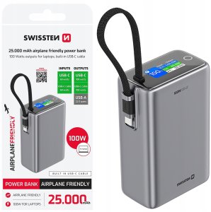 Swissten Power Bank 25000 mAh (96.25Wh) 100W with Built-in USB-C Cable 2