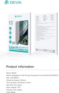 Devia Zestaw folii smartfon UV 0,3mm HD prywatyzująca do maszyny tnącej 10szt 6H na smartfony na ekran 3