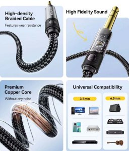 Kabel audio marki Essager minijack 3,5 mm do 6,5 mm  męski do męski, 5m 6