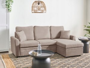 Narożnik rozkładany dla 3 osób NASSJO Len syntetyczny Jasnobrązowy ze schowkiem Lewostronny 2