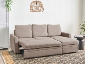 Narożnik rozkładany dla 3 osób NASSJO Len syntetyczny Jasnobrązowy ze schowkiem Lewostronny 4
