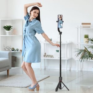 Selfie stick kijek do zdjęć z tripodem do 95cm i głowicą 360 Bluetooth - czarny Selfie stick kijek do zdjęć z tripodem do 95cm i głowicą 360 Bluetooth - czarny 5
