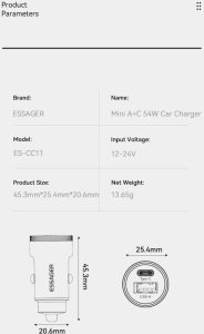Ładowarka oryginalna samochodowa ESSAGER 54W USB A i USB C 9